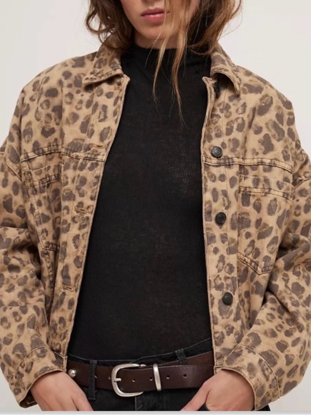 We The Free Leopard-Print Jean Jacket in Tan and Brown - Like New!